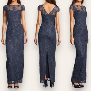 NWT ADRIANNA PAPELL DRESS FLORAL EMBROIDERED MIDNIGHT NAVY BLUE COLUMN GOWN MAXI